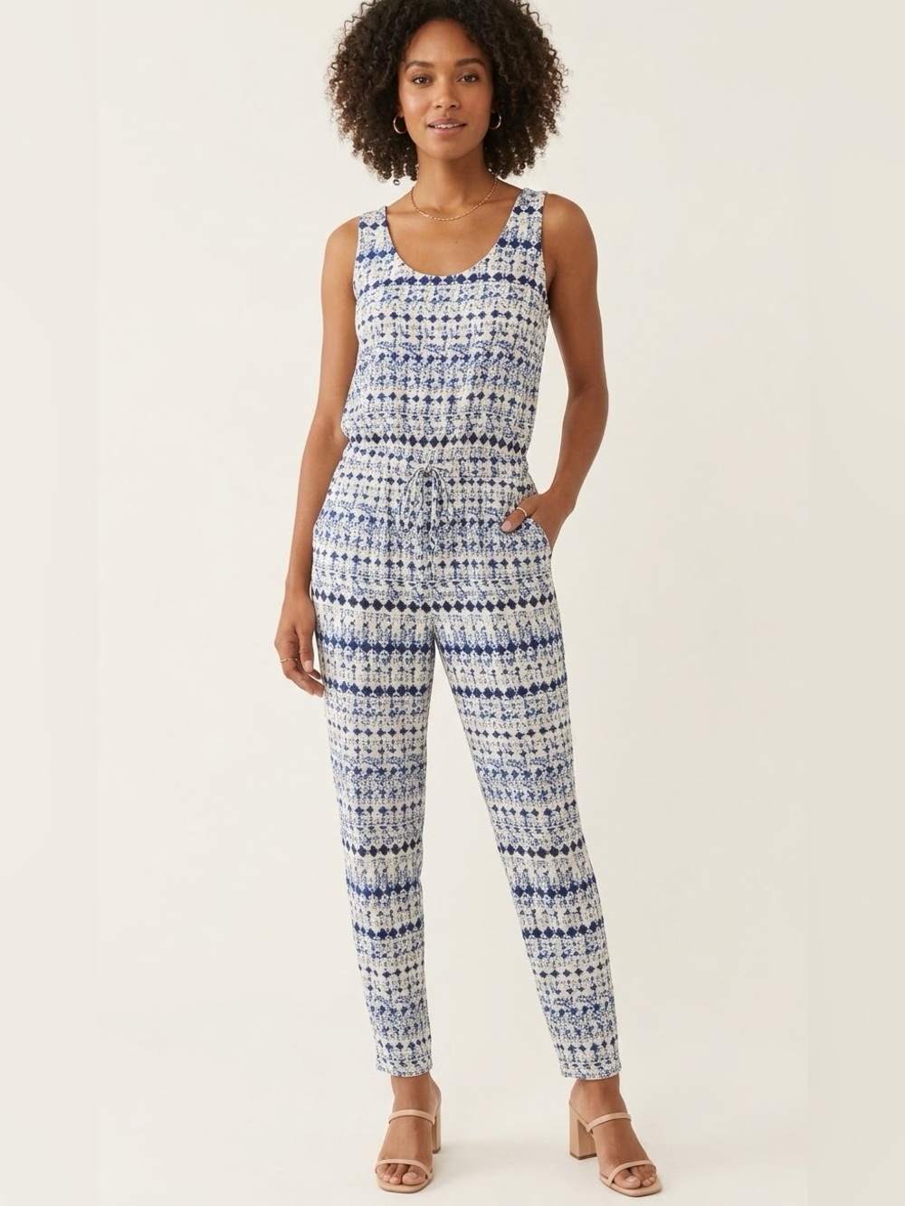 Ella Moss Navy & White Patterned Scoop-Neck Jumpsuit